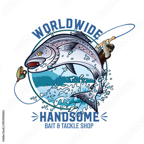 Fisherman Catching Salmon with Lure Vector Illustration