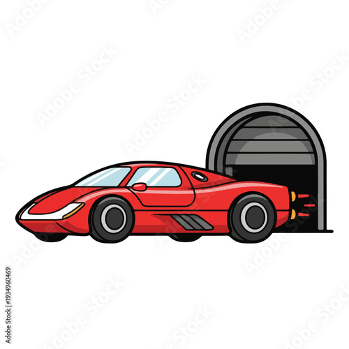 A red sports car exiting a gray tunnel