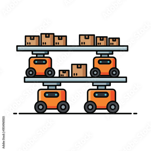 A warehouse storage system with robots moving boxes