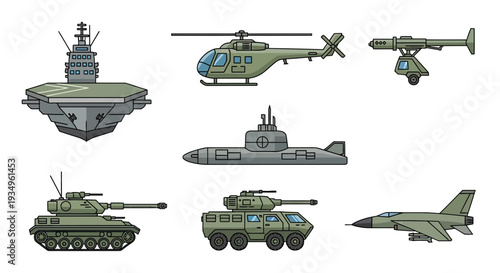 Military Transport and Weaponry Flat Illustration Set