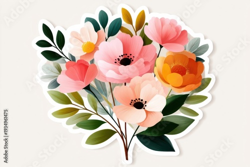 Wallpaper Mural Cute flat design bouquet of pink and orange flowers floral illustration with leaves and stems Torontodigital.ca
