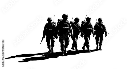 Military Soldiers Walking Silhouette with Rifles Illustration