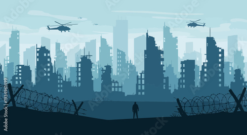 Ruined City Skyline with Helicopters and Lone Figure