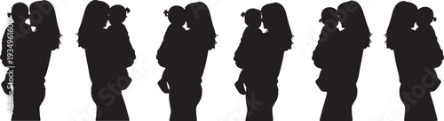 Black Solid Mother Holding Child On Hip Silhouettes Set of Six on White Background
