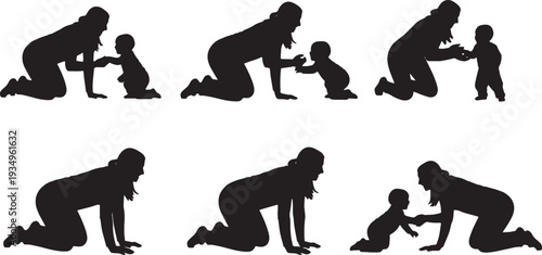 Black Solid Mother Playing With Toddler Silhouettes Set of Six on White Background