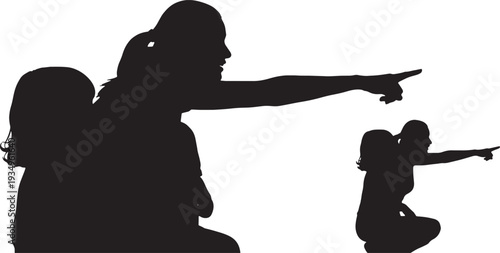Black Solid Mother Pointing Out Objects Silhouettes Set of Six on White Background
