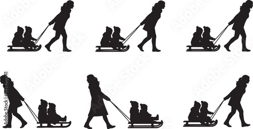 Black Solid Mother Pulling Sled Silhouettes Set of Six on White Background