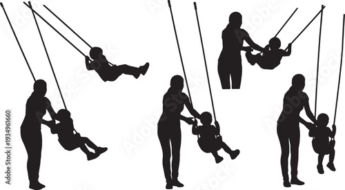 Black Solid Mother Pushing Swing Silhouettes Set of Six on White Background