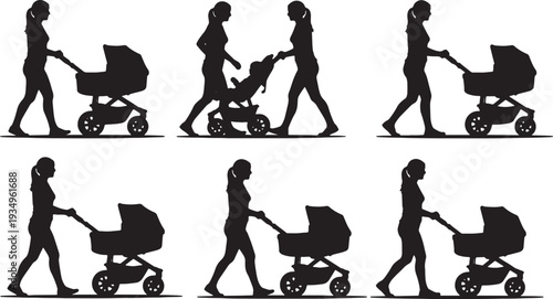 Black Solid Mother Pushing Stroller Silhouettes Set of Six on White Background