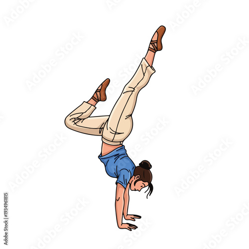 A woman doing handstand with one leg raised