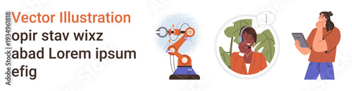 Technology, customer service, automation, communication, remote work, robotics. Robot arm, person using a tablet and support ative with headset. Automation and customer service concept