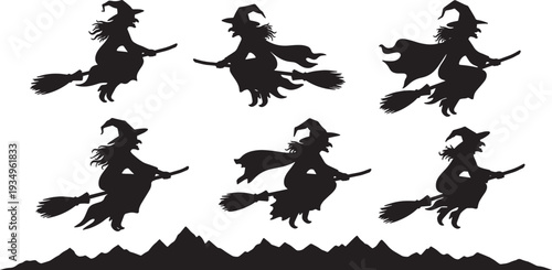 Black Solid Mountain Flight Witch Silhouettes Set of Six on White Background