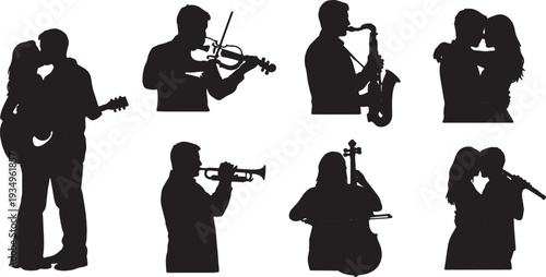 Black Solid Musician Instrument Couple Hugs Set of Six on White Background