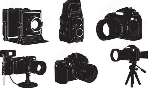 Black Solid Museum Exhibition Camera Silhouettes Set of Six on White Background
