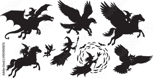 Black Solid Mythical Creature Witch Silhouettes Set of Six on White Background