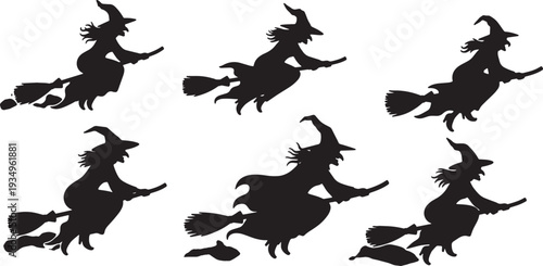 Black Solid Mystical Mist Witch Silhouettes Set of Six on White Background