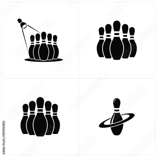 Black bowling pins in four different arrangements black and white