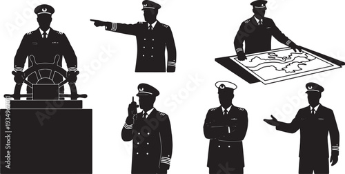 Black Solid Navy Officer Command Silhouettes Set of Six on White Background