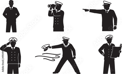 Black Solid Navy Officer Courage Silhouettes Set of Six on White Background