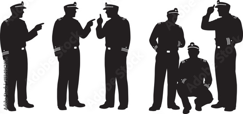 Black Solid Navy Officer Crisis Communication Silhouettes Set of Six on White Background