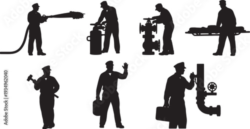 Black Solid Navy Officer Damage Control Drills Silhouettes Set of Six on White Background