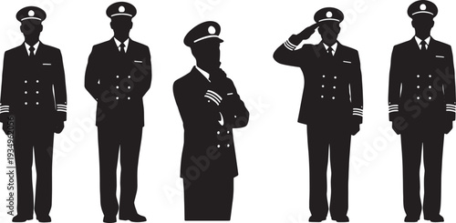 Black Solid Navy Officer Dignity and Professionalism Silhouettes Set of Six on White Background