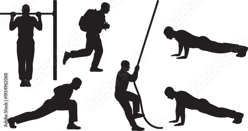 Black Solid Navy Officer Endurance Training Silhouettes Set of Six on White Background