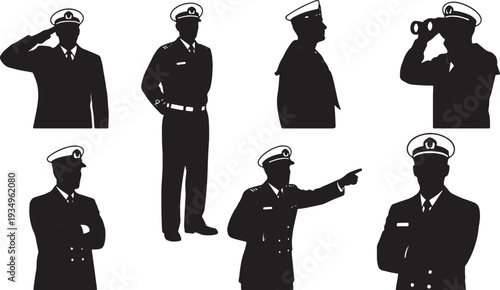 Black Solid Navy Officer Duty Silhouettes Set of Six on White Background