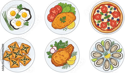 Restaurant dishes top view collection, fried eggs chicken cutlet pizza oysters and appetizers vector illustration set