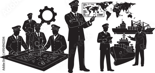 Black Solid Navy Officer Resource Management Logistics Silhouettes Set of Six on White Background
