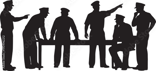 Black Solid Navy Officer Humanitarian Aid Planning Silhouettes Set of Six on White Background