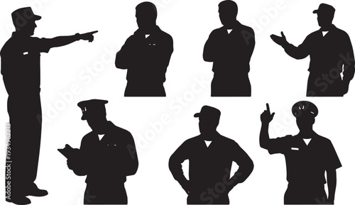 Black Solid Navy Officer Cadet Instruction Silhouettes Set of Six on White Background