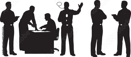 Black Solid Navy Officer Media Interaction Silhouettes Set of Six on White Background