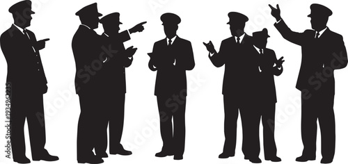 Black Solid Navy Officer Maritime Law Discussions Silhouettes Set of Six on White Background