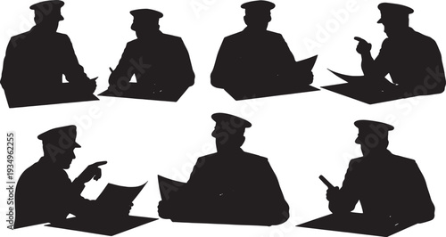 Black Solid Navy Officer Navigation Silhouettes Set of Six on White Background