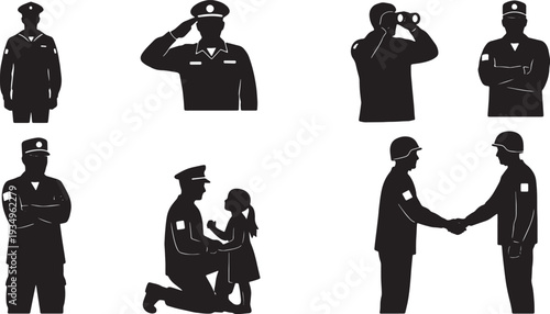 Black Solid Navy Officer Global Peacekeeping Silhouettes Set of Six on White Background