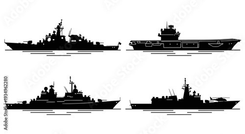 Naval Warship Silhouettes Set - Military Fleet Vessels Collection