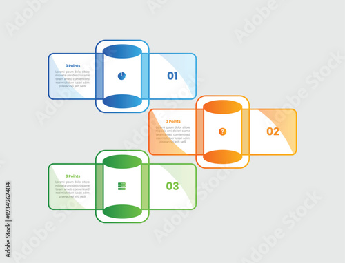 3 points infographic with gradient style with creative outline rectangle box unbalance side by side position with 3 elements stages