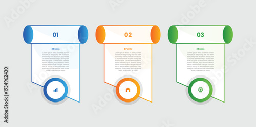 3 points infographic with gradient style with round tube header with circle badge on bottom with 3 elements stages