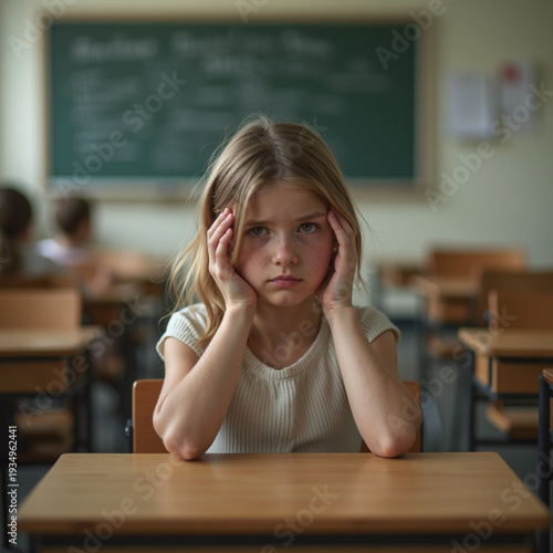 Sad Girl Sitting at Desk in Classroom with Hands on Head