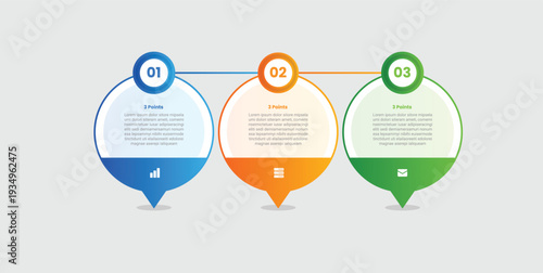 3 points infographic with gradient style with big circle speech bubble discussion box with linked badge on top with 3 elements stages
