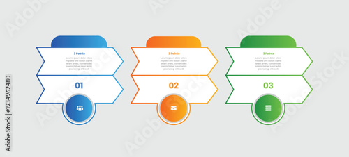 3 points infographic with gradient style with double arrow box banner with circle badge on bottom with 3 elements stages