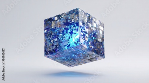 Futuristic data hologram cube floating lightly isolated on white background