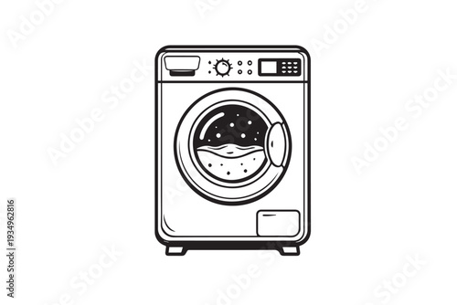 Simple black washing machine silhouette vector illustration isolated on white background. Minimal monochrome laundry appliance icon suitable for home interior concepts, appliance stores, cleaning serv