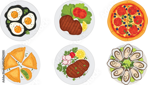 Restaurant food plates top view set, steak pizza fried eggs oysters and pastries vector illustration collection