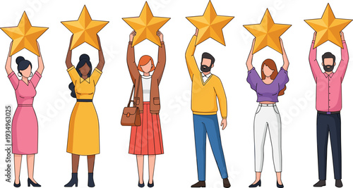 Diverse People Holding Large Gold Stars for Customer Review Illustration, Five Star Rating Feedback and Satisfaction Concept.