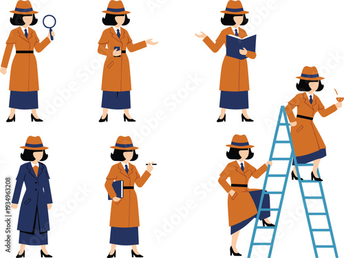 Female Detective Character Set in Trench Coat and Hat, Woman Private Investigator with Magnifying Glass Vector Illustrations.