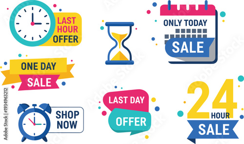 Flash Sale and Limited Time Offer Badge Set with Countdown Clock, Hourglass, 24 Hour Sale Labels, and Retail Promo Vector Art.