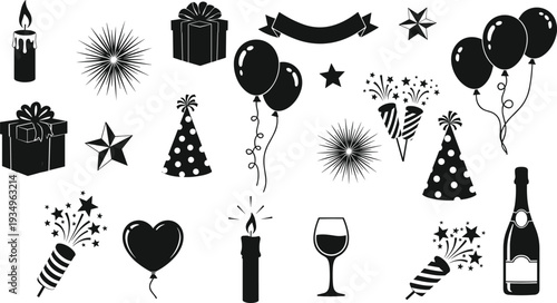 Black party celebration silhouette icons, festive balloons vector, gift box illustration, fireworks design, champagne bottle artwork, birthday hat graphic, decorative star image