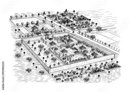Majapahit Ancient City Reconstruction – Historical Settlement Sketch Vector